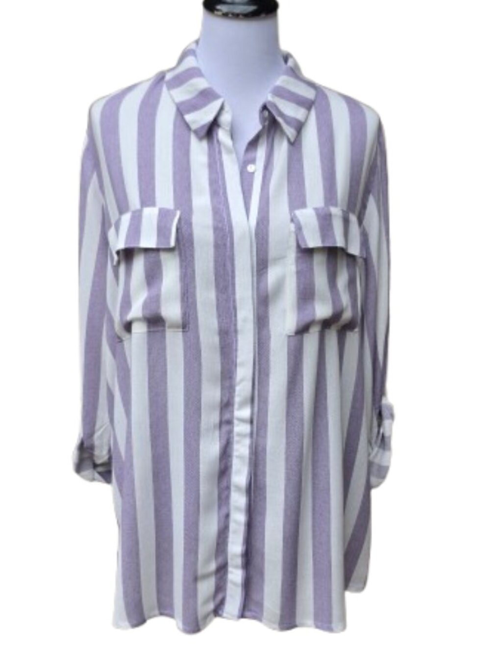 Gibson Purple Striped Button-Up Blouse Relaxed Roll-Tab Sleeves Pocket Squares